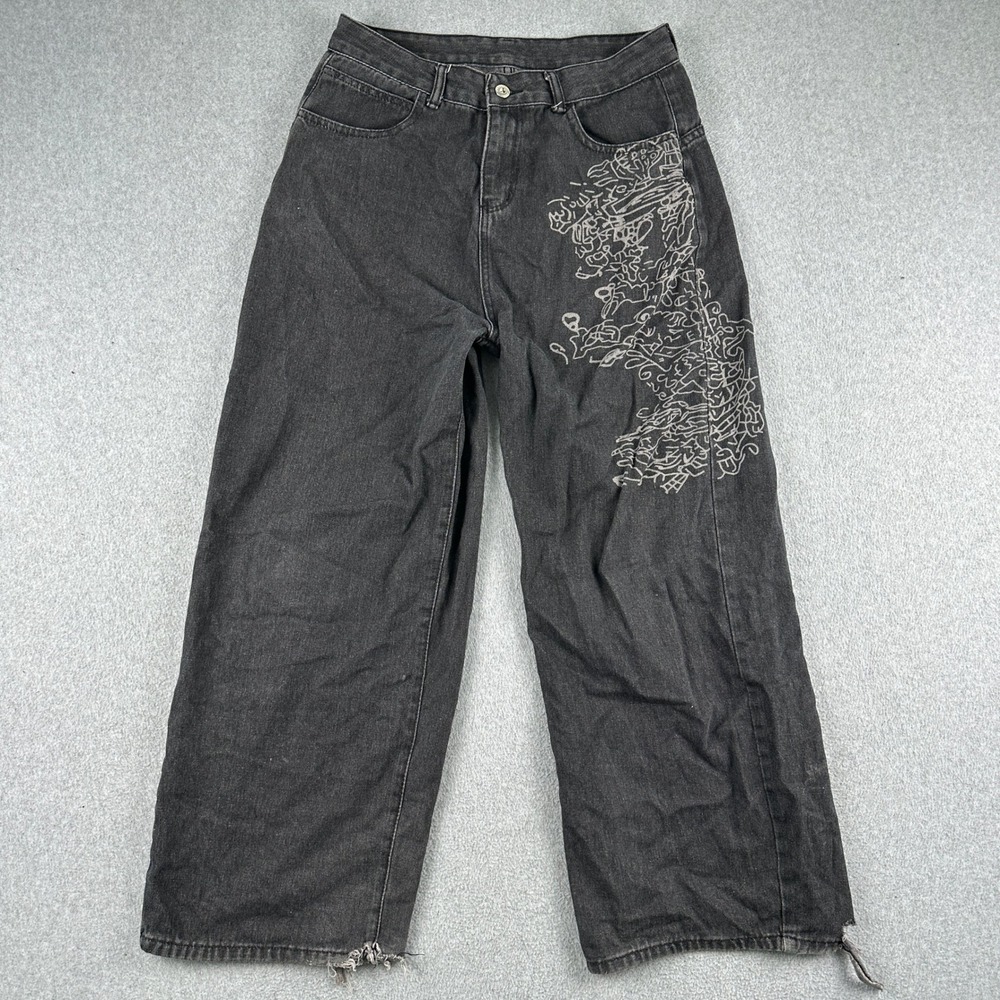 Wear Jeans Mens 31 Black Graphic Print Wide Leg Baggy Streetwear Y2K Denim Goth